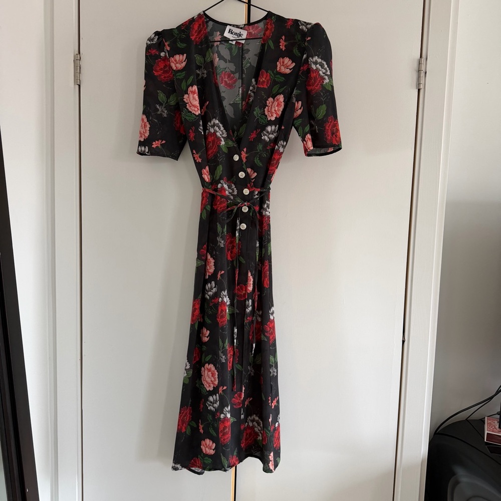 Rouje Black and Red Floral Midi Dress